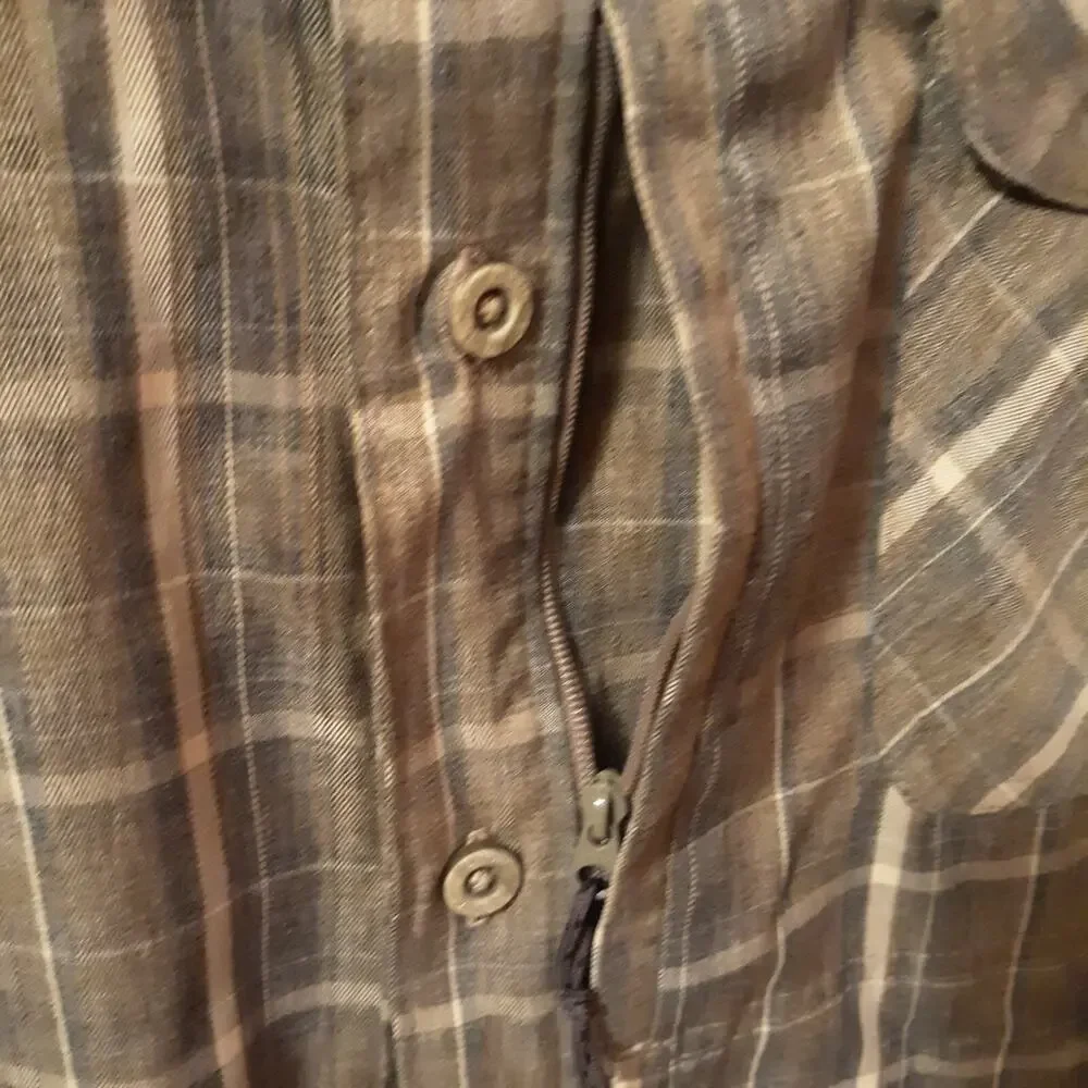 Wrangler Outdoors Mens Shirt XL Plaid Button Up Roll Tab Sleeve Grays Tans - Picture 4 of 11